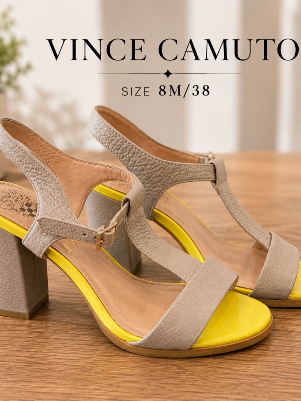 Vince Camuto Beige Yellow Leather Block Heel Sandals Size 8M 38